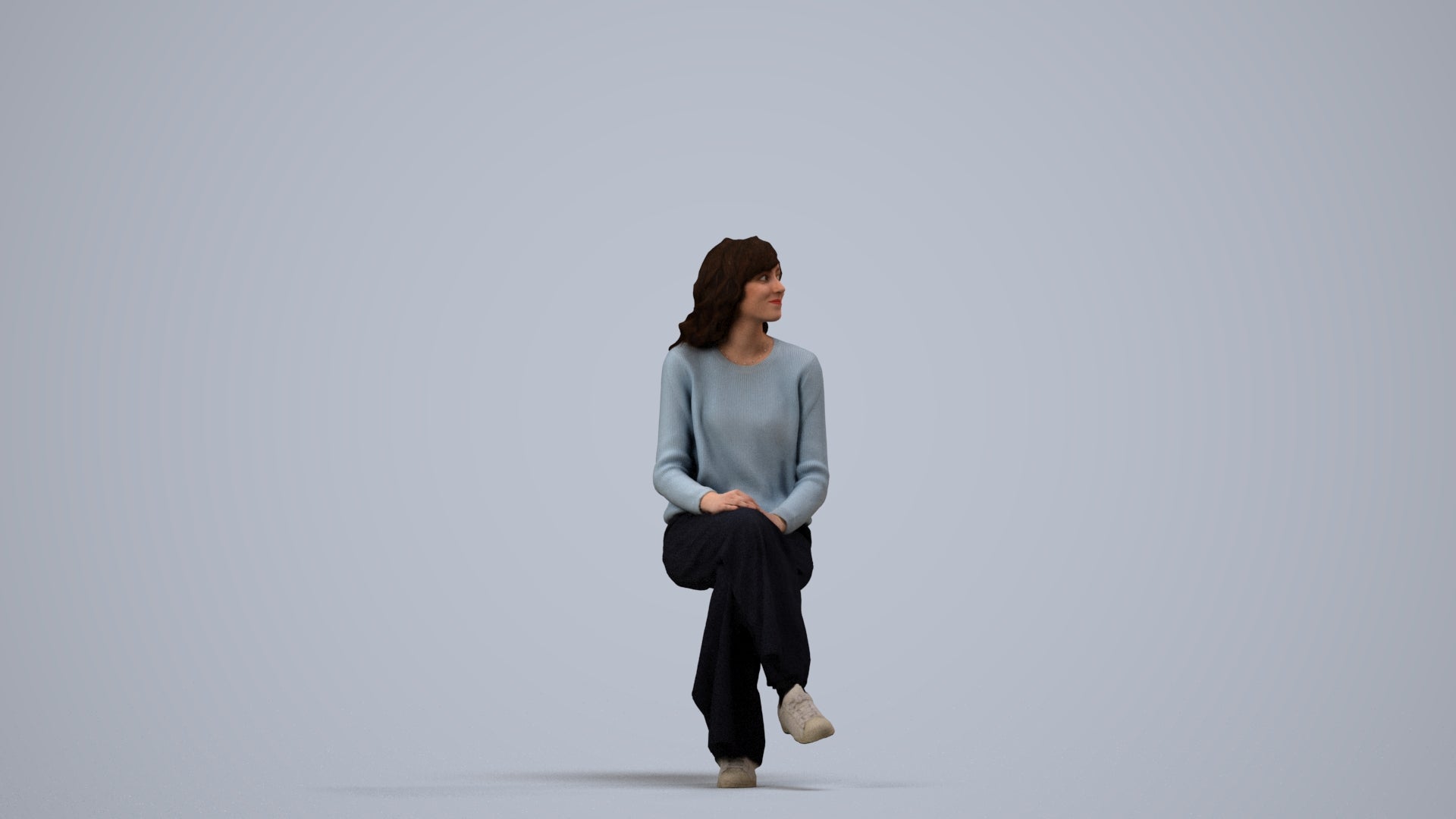 3D human model woman casual sitting, photogrammetry scanned person for archviz, side view render