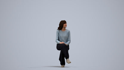 3D human model woman casual sitting, photogrammetry scanned person for archviz, side view render