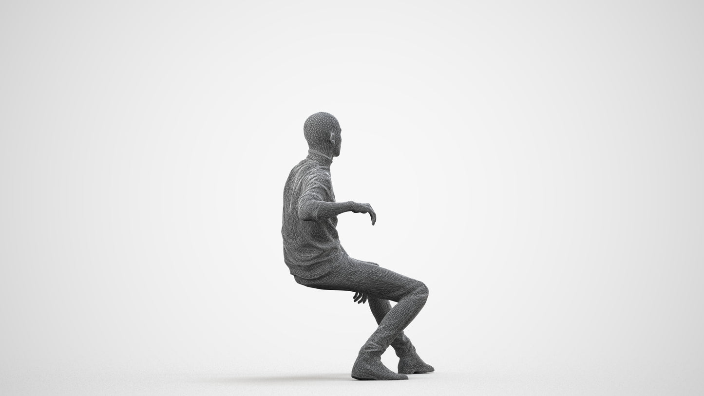 3D human model man casual sitting, photogrammetry scanned person for archviz, wireframe side view