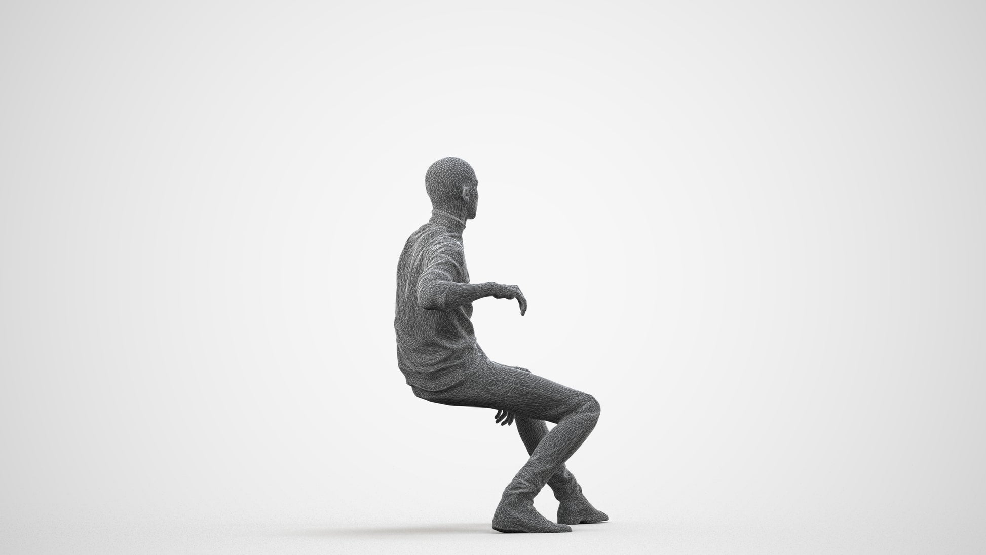 3D human model man casual sitting, photogrammetry scanned person for archviz, wireframe side view