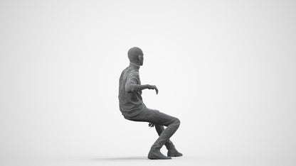3D human model man casual sitting, photogrammetry scanned person for archviz, wireframe side view