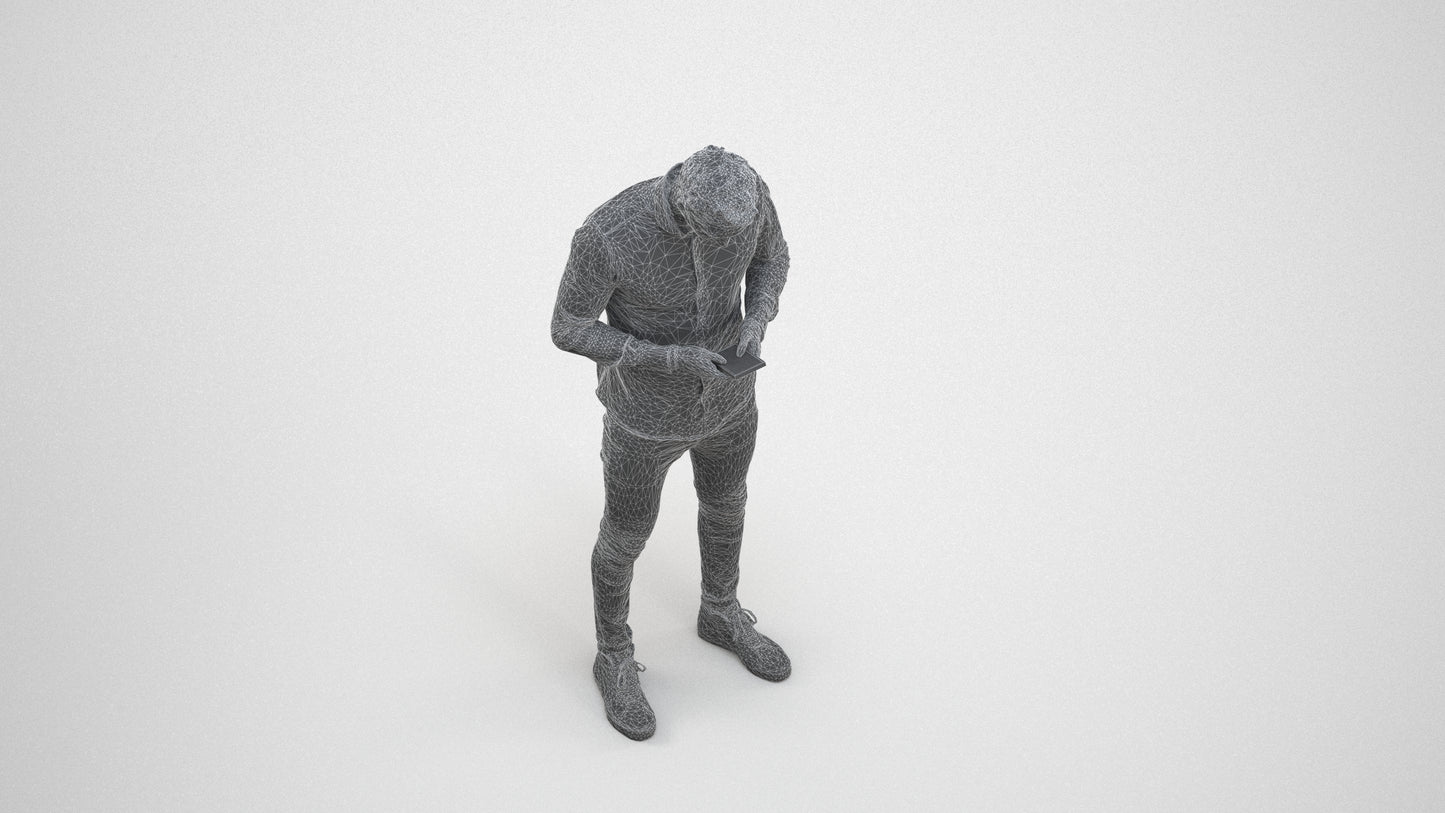 3D people model man casual standing, scanned human for 3ds Max rendering, wireframe three-quarter view