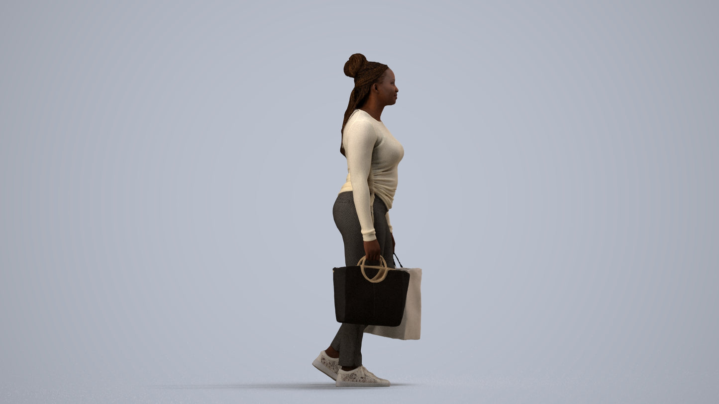 photogrammetry 3D woman casual shopping, realistic human model archviz FBX, side view render