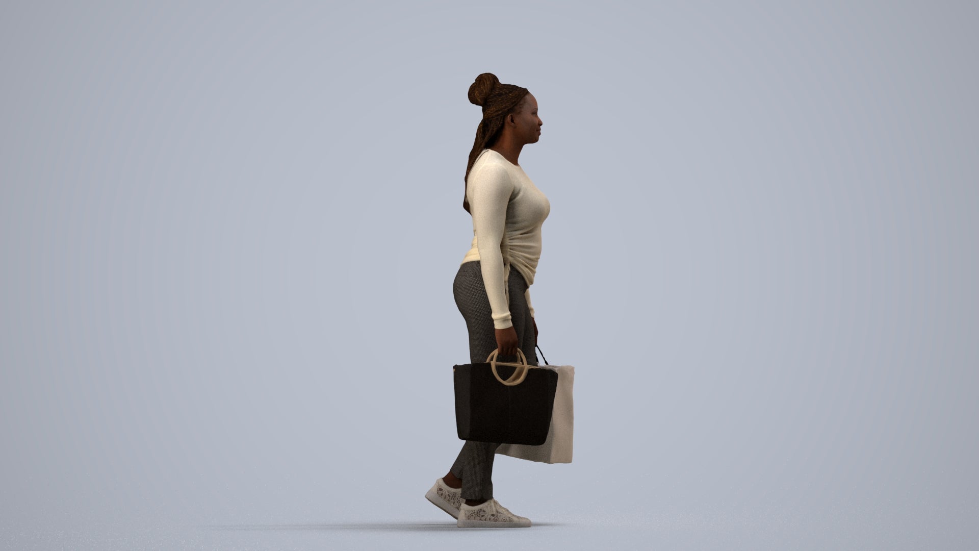 photogrammetry 3D woman casual shopping, realistic human model archviz FBX, side view render