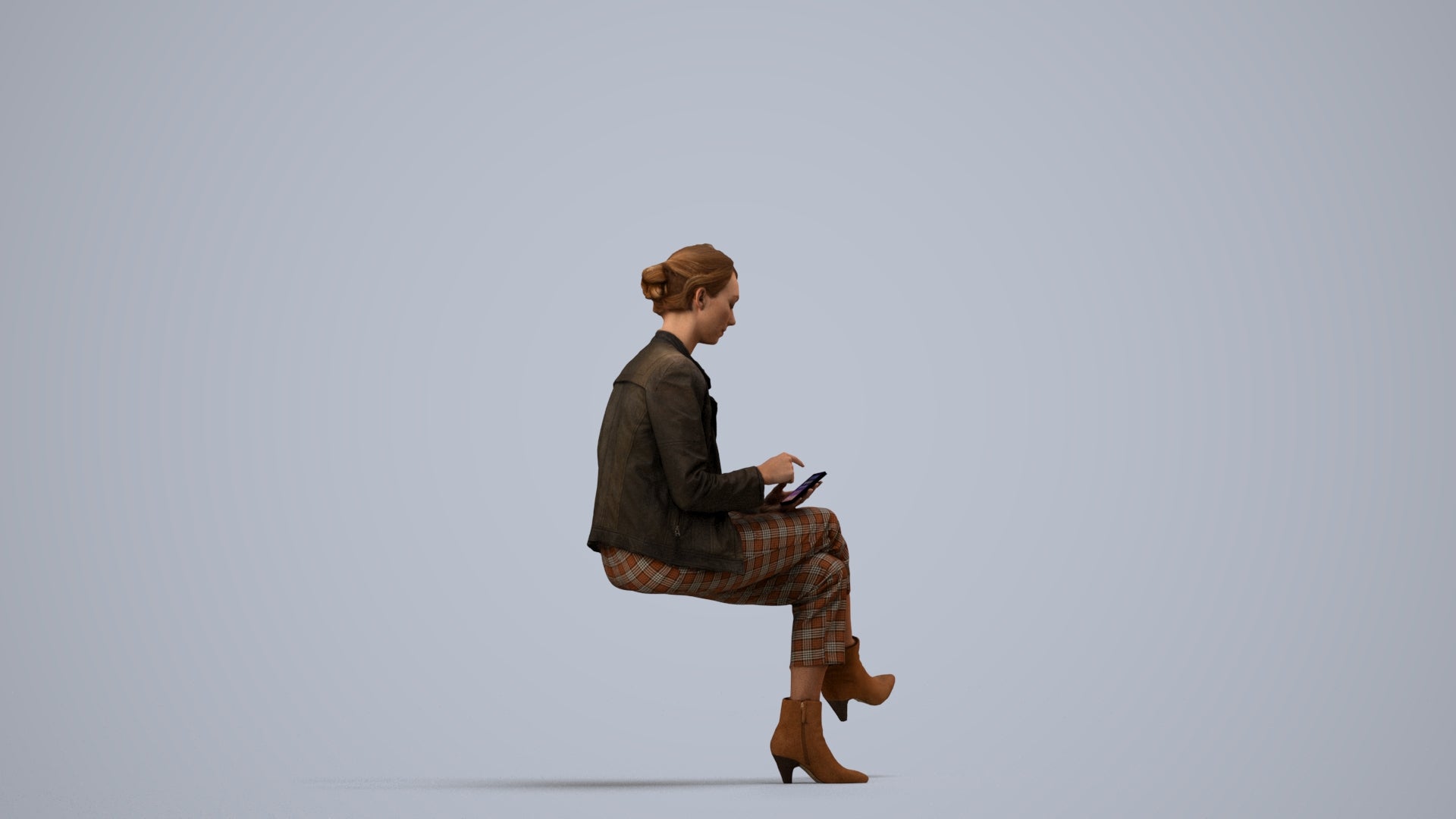 realistic 3D human woman business sitting, archviz people FBX OBJ for Blender, side view render