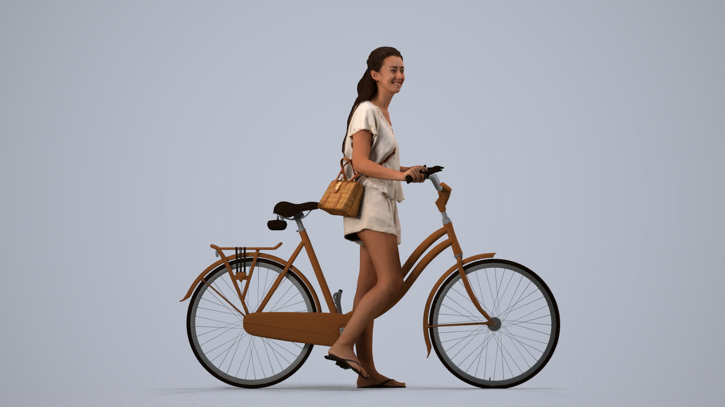 realistic 3D woman casual cycling, scanned archviz people for Blender and 3ds Max, side view render