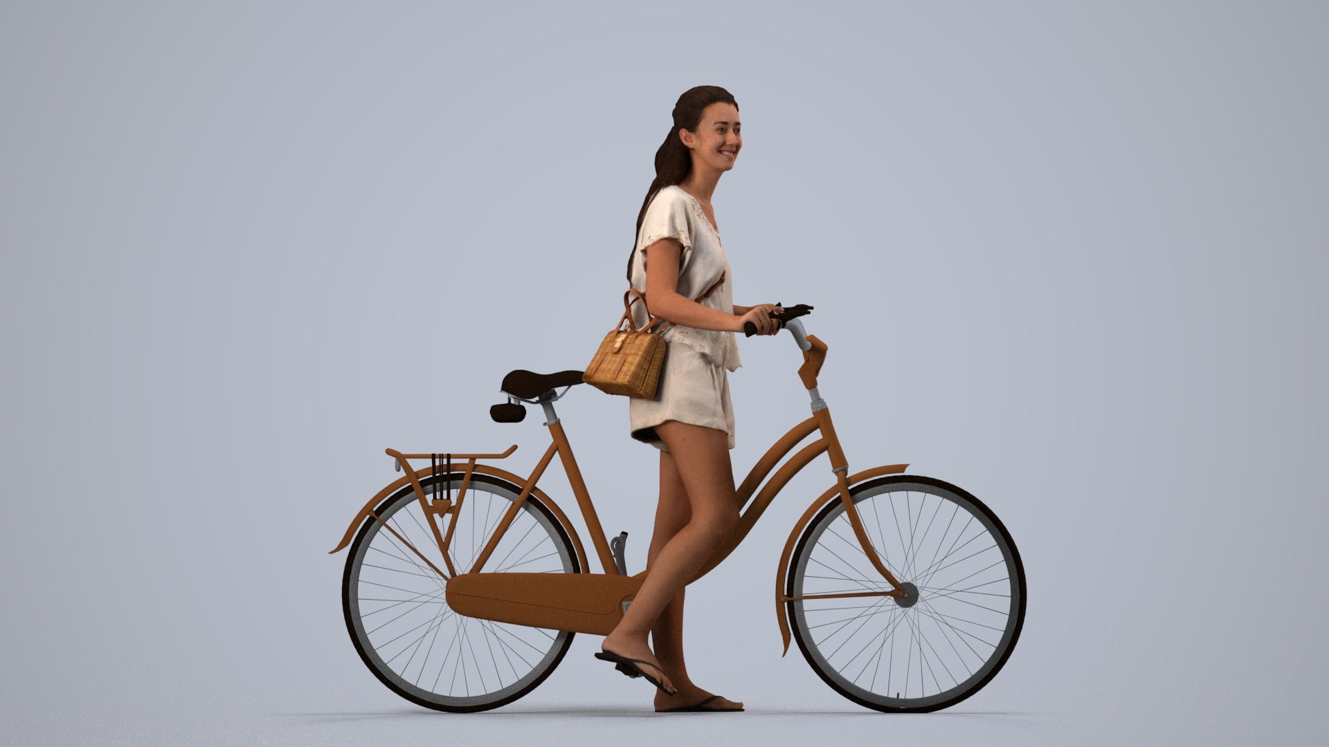 realistic 3D woman casual cycling, scanned archviz people for Blender and 3ds Max, side view render