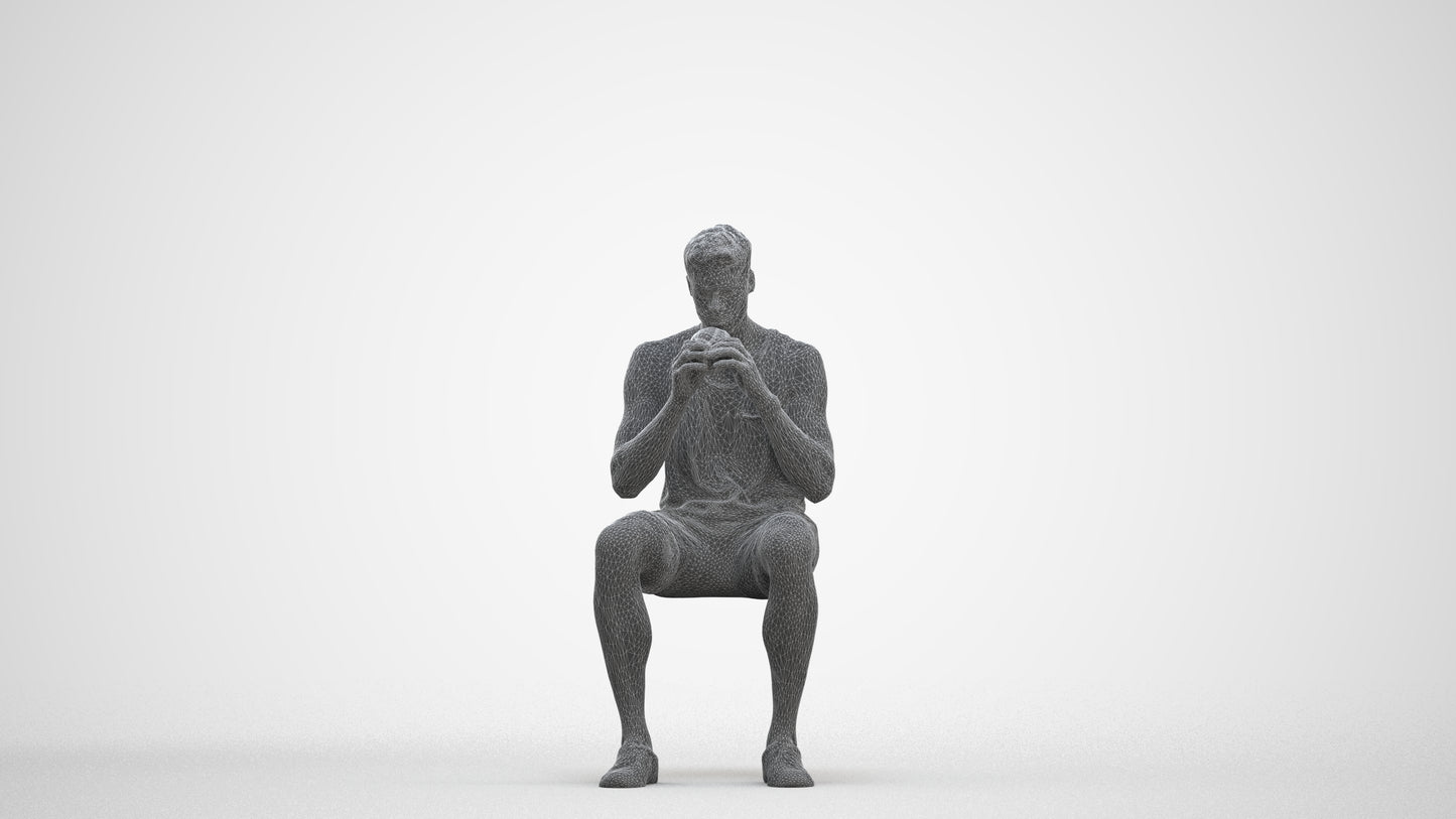 3D scanned man sitting casual, photorealistic archviz people for Enscape and SketchUp, three-quarter front view render