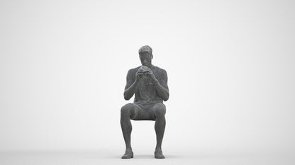 3D scanned man sitting casual, photorealistic archviz people for Enscape and SketchUp, three-quarter front view render