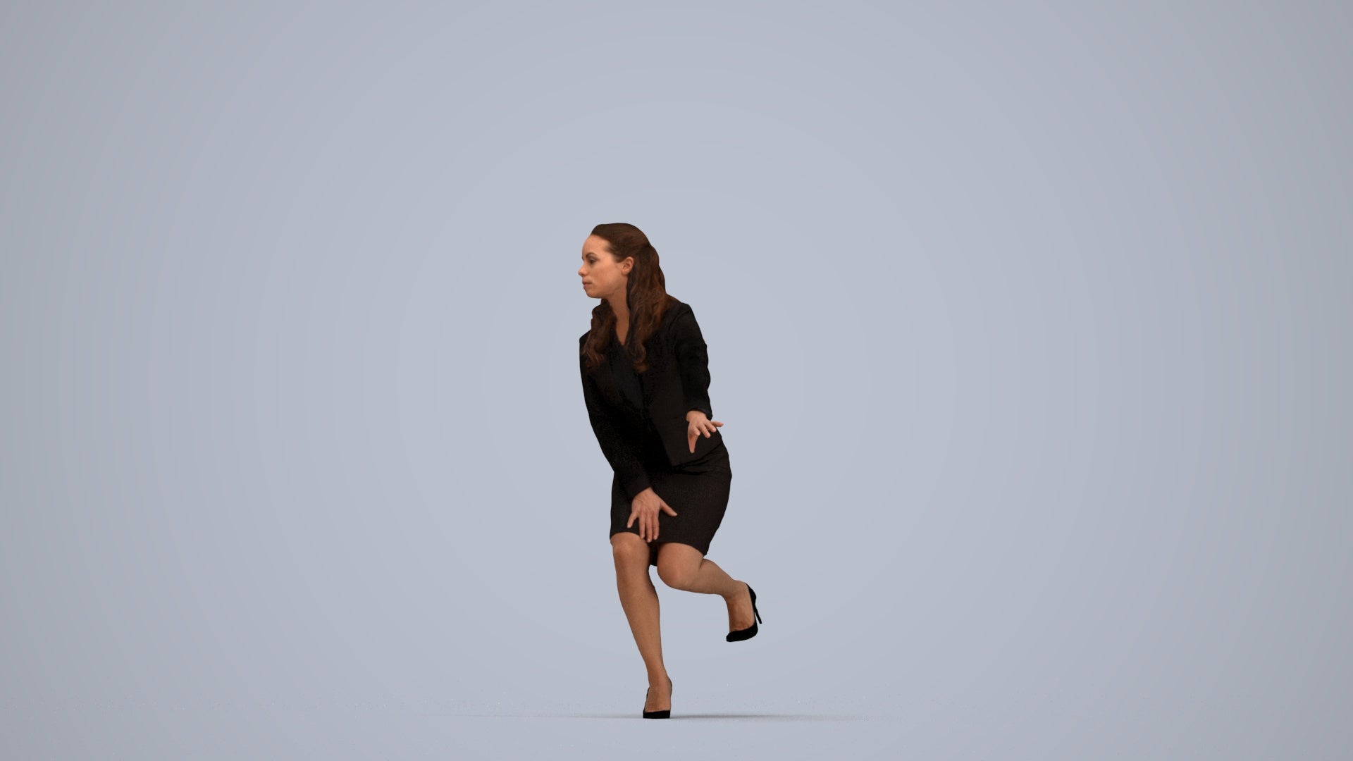 3D human model woman business sitting, photogrammetry scanned person for archviz, top-down view render