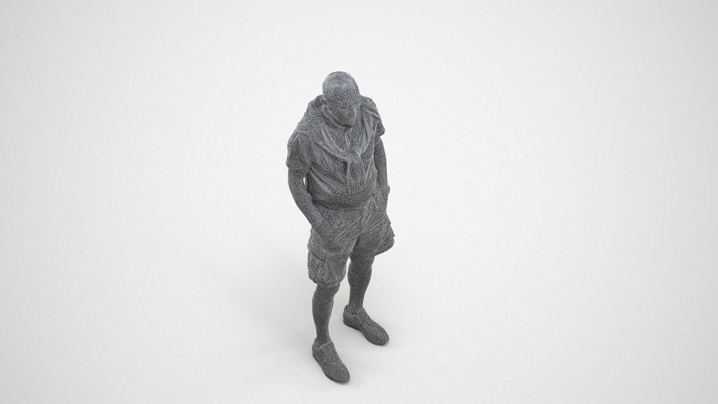 photogrammetry 3D senior man casual standing, realistic human model archviz FBX, wireframe three-quarter view