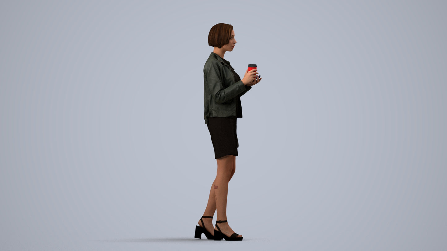 realistic 3D human woman casual standing, archviz people FBX OBJ for Blender, side view render