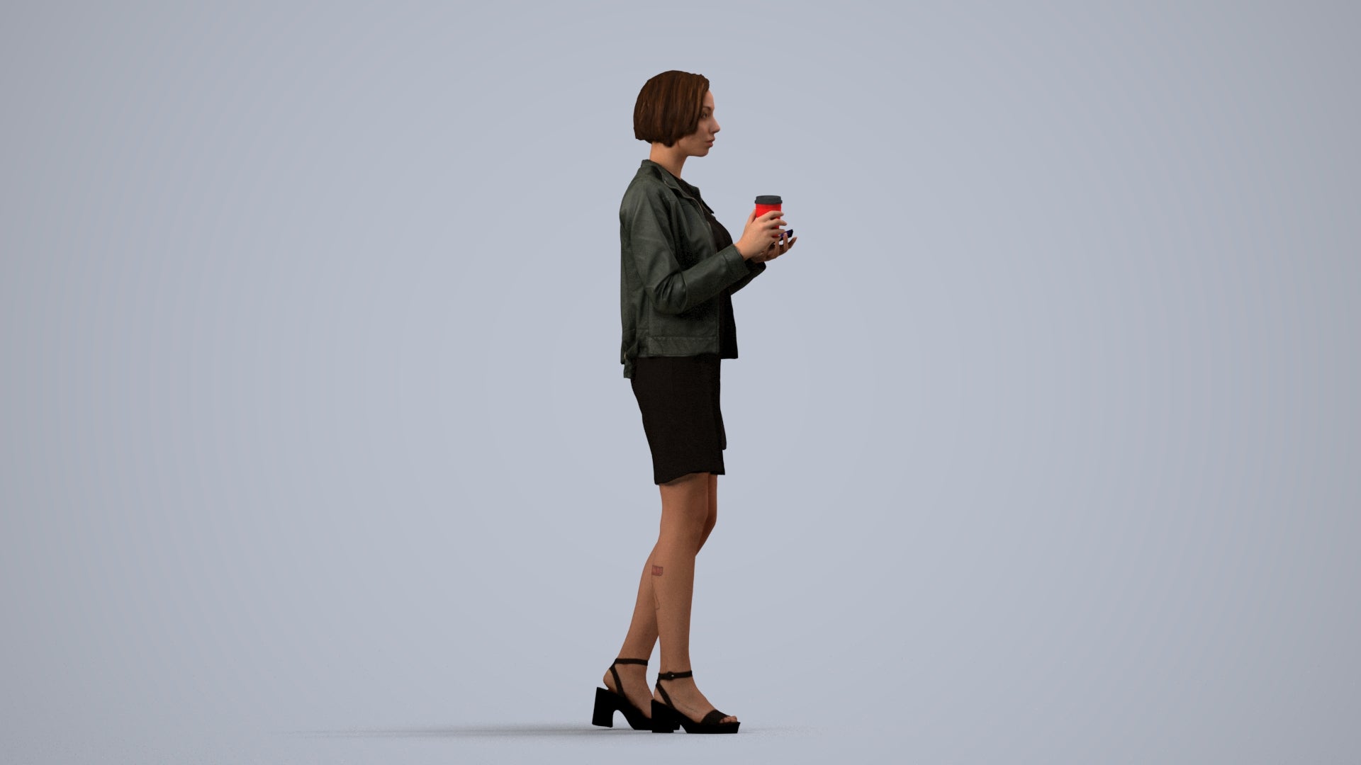 realistic 3D human woman casual standing, archviz people FBX OBJ for Blender, side view render