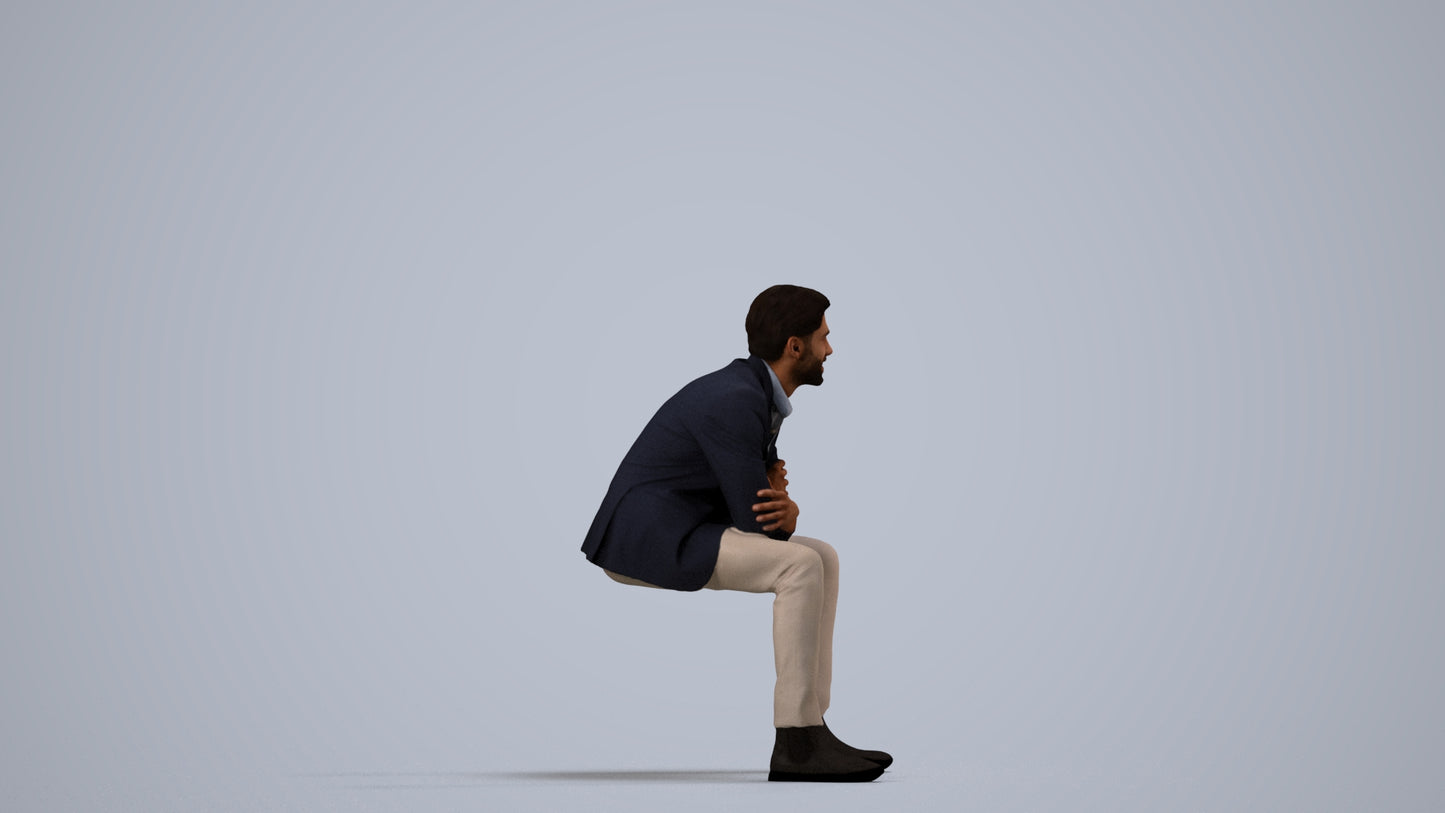 3D human model man business, photogrammetry scanned person for archviz, side view render