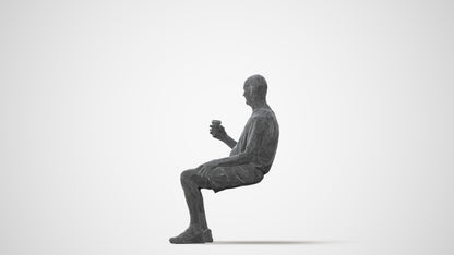 3D human model senior man casual sitting, photogrammetry scanned person for archviz, square thumbnail
