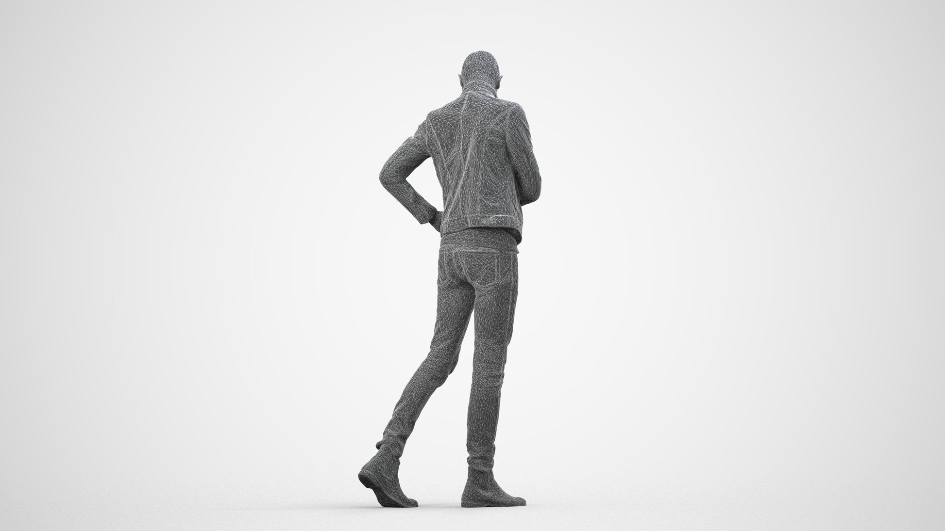 3D scanned man walking casual, photorealistic archviz people for Enscape and SketchUp, wireframe side view