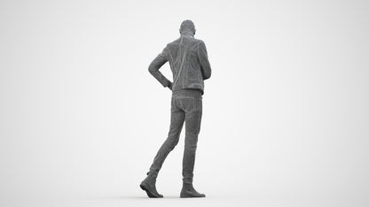 3D scanned man walking casual, photorealistic archviz people for Enscape and SketchUp, wireframe side view