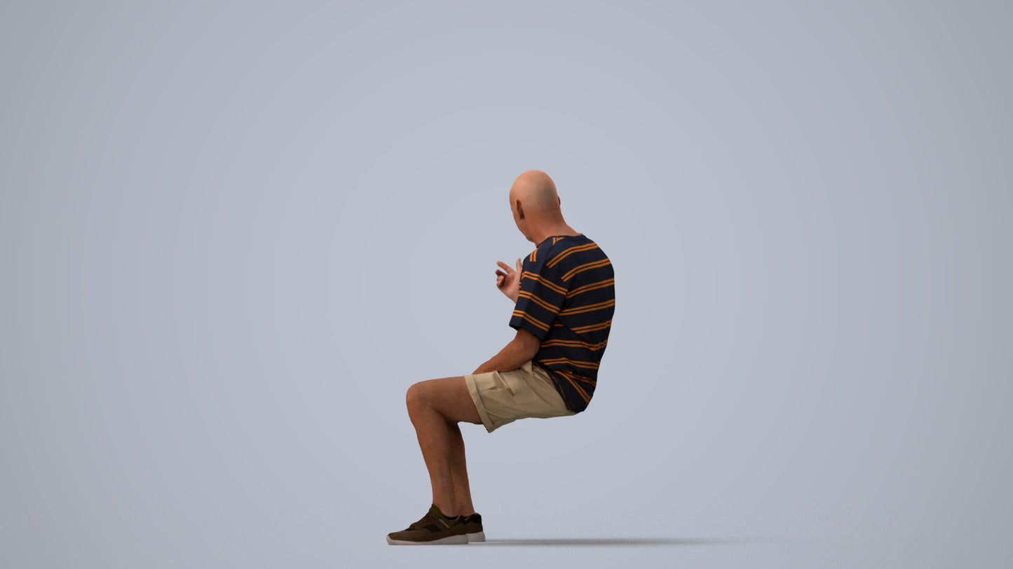 3D scanned senior man sitting casual, photorealistic archviz people for Enscape and SketchUp, three-quarter view render