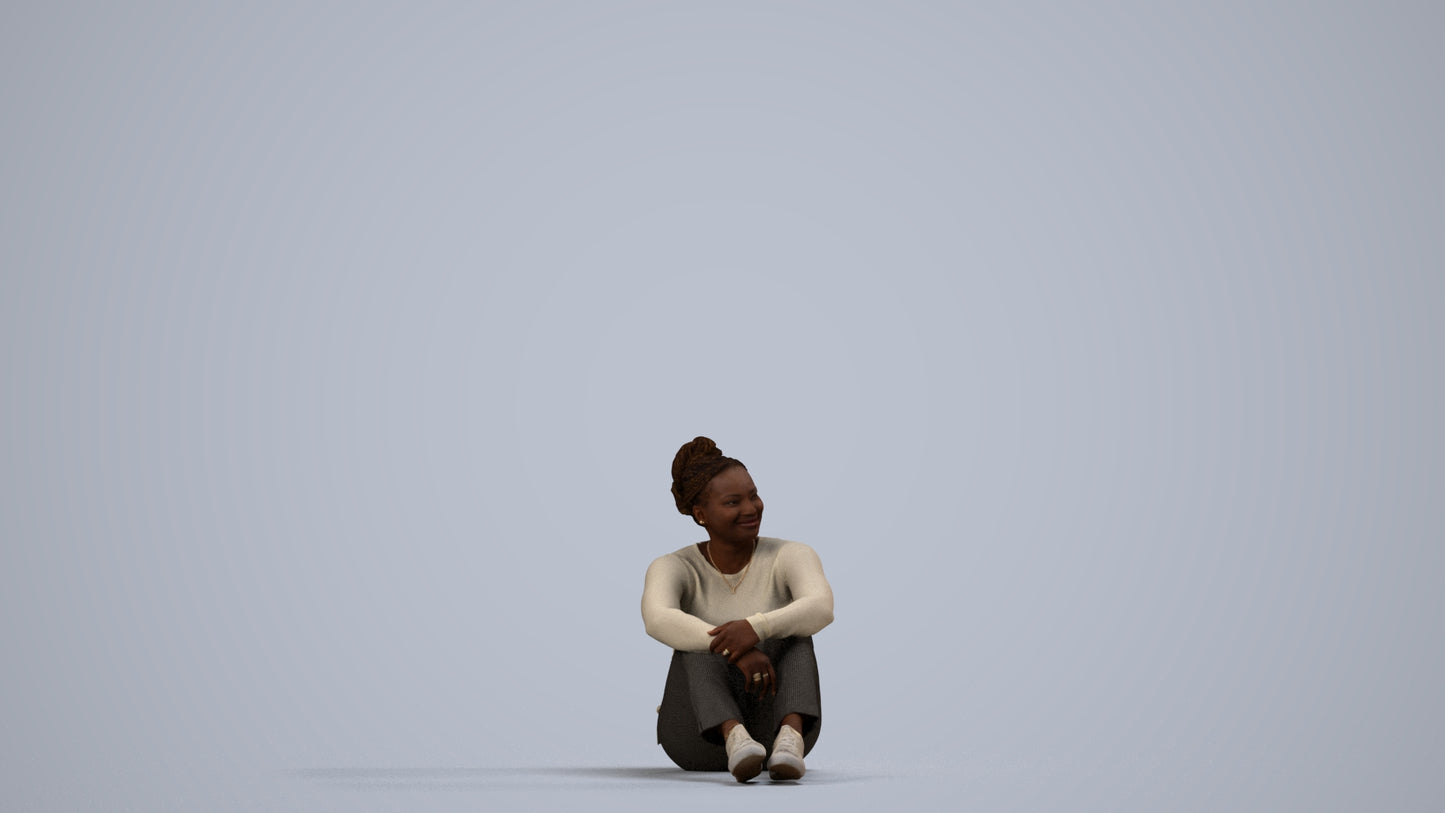 realistic 3D human woman casual sitting, archviz people FBX OBJ for Blender, side view render