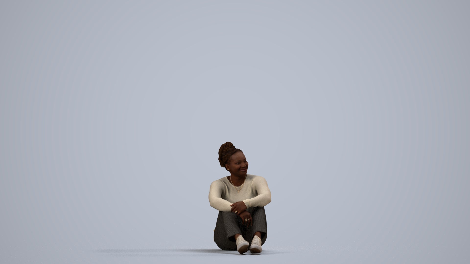 realistic 3D human woman casual sitting, archviz people FBX OBJ for Blender, side view render