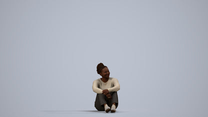 realistic 3D human woman casual sitting, archviz people FBX OBJ for Blender, side view render