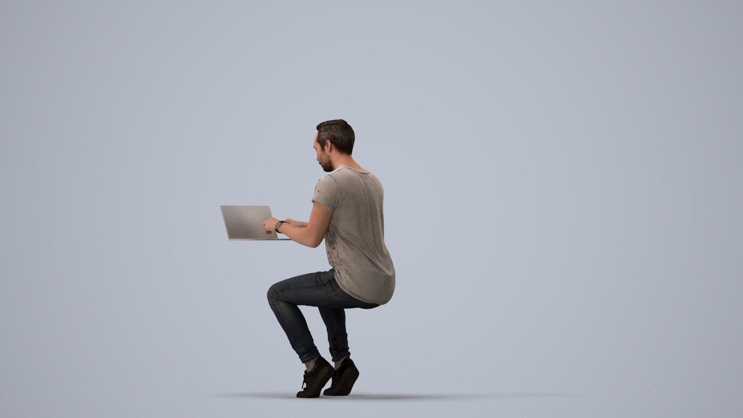 3D human model man casual business, photogrammetry scanned person for archviz, three-quarter view render