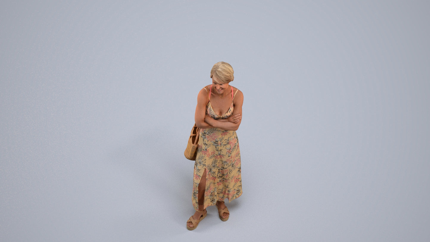 3D human model senior woman standing, photogrammetry scanned person for archviz, back view render