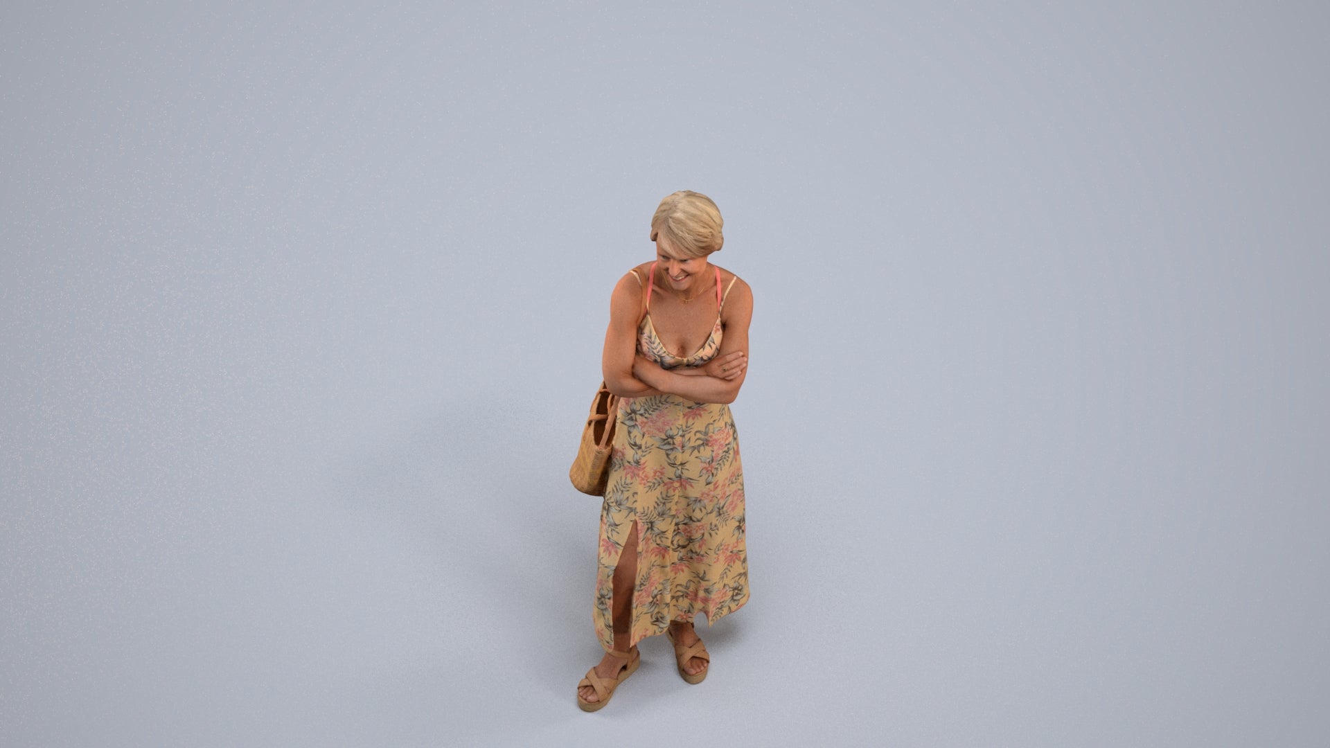 3D human model senior woman standing, photogrammetry scanned person for archviz, back view render