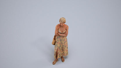 3D human model senior woman standing, photogrammetry scanned person for archviz, back view render