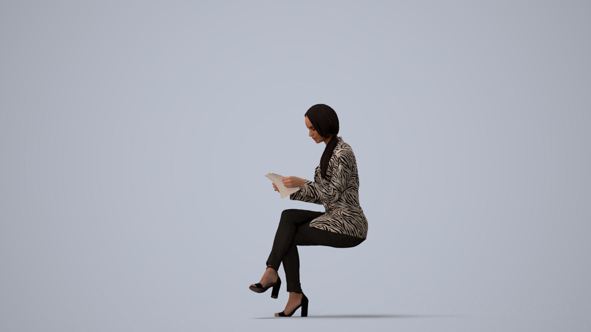 3D people model woman casual sitting, scanned human for 3ds Max rendering, three-quarter view render