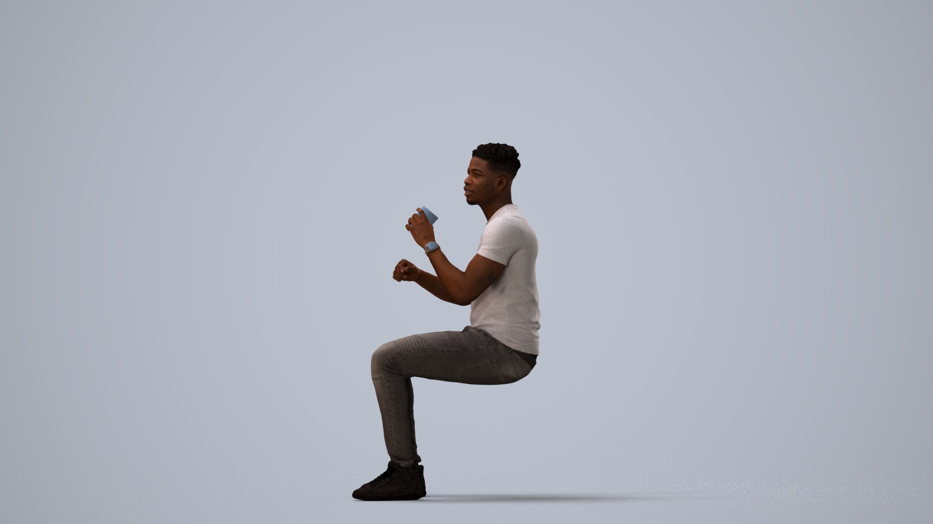 3D human model man casual business, photogrammetry scanned person for archviz, three-quarter view render