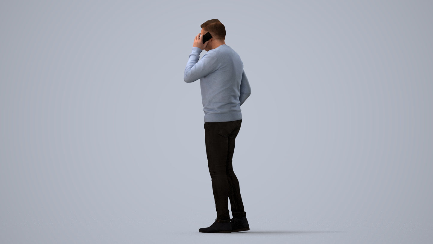 3D human model man casual standing, photogrammetry scanned person for archviz, three-quarter view render