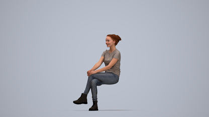 3D human model woman casual sitting, photogrammetry scanned person for archviz, top-down view render
