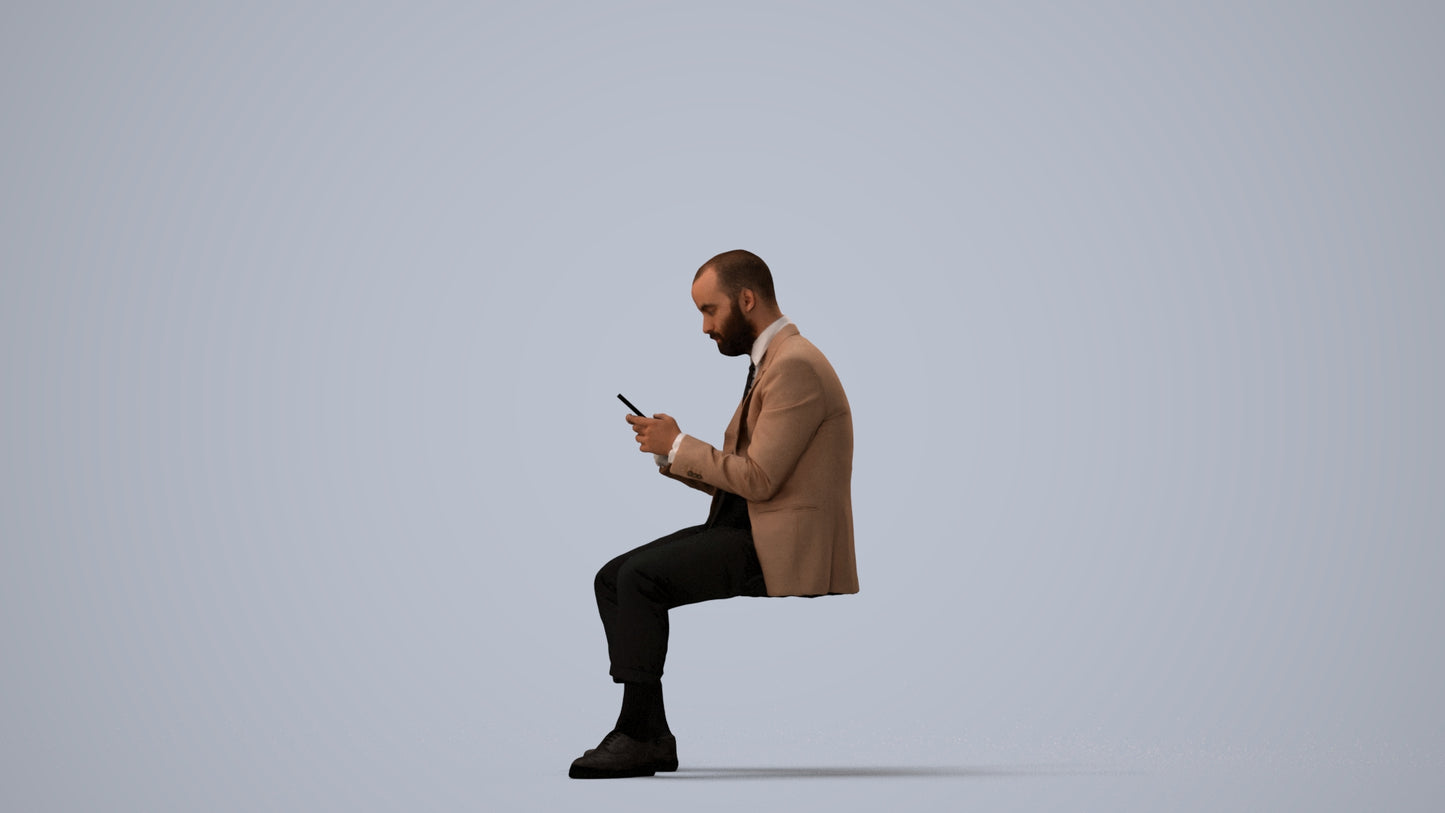 3D human model man business, photogrammetry scanned person for archviz, three-quarter view render