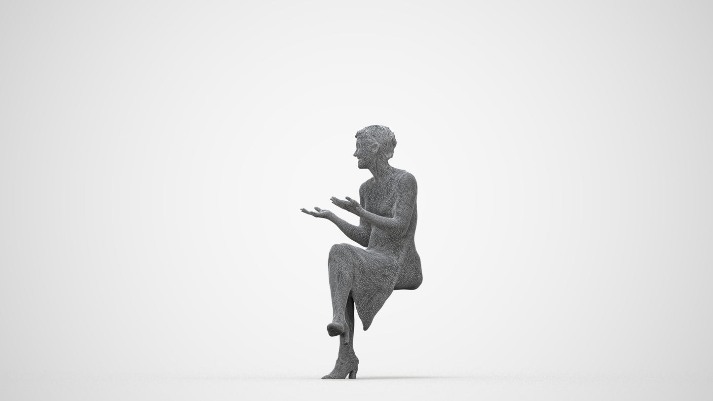 photogrammetry 3D woman business sitting, realistic human model archviz FBX, wireframe back view
