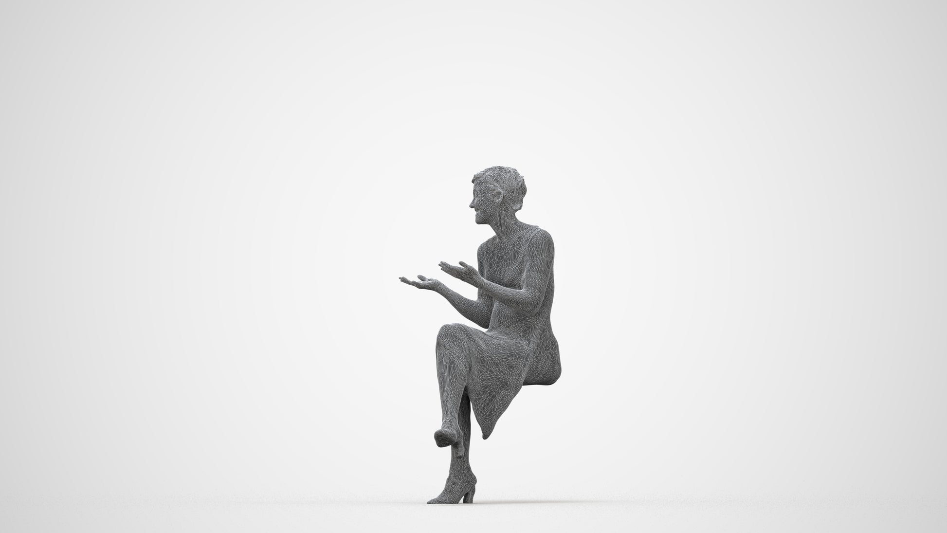 photogrammetry 3D woman business sitting, realistic human model archviz FBX, wireframe back view
