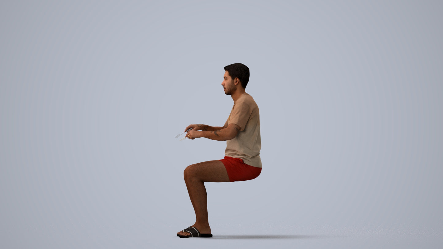 3D human model man casual sitting, photogrammetry scanned person for archviz, three-quarter view render