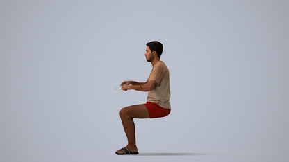 3D human model man casual sitting, photogrammetry scanned person for archviz, three-quarter view render