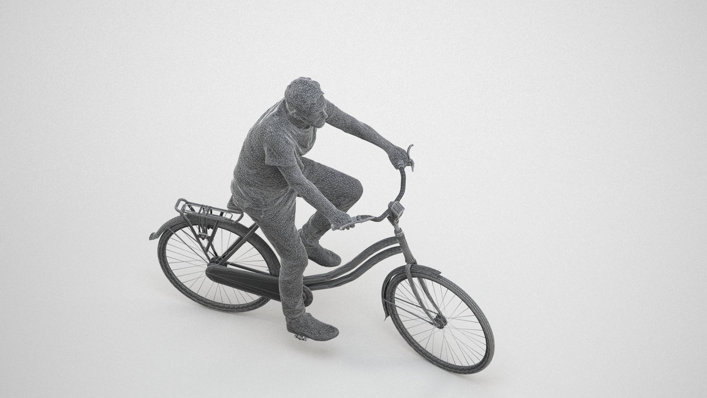realistic 3D senior man casual cycling, scanned archviz people for Blender and 3ds Max, wireframe three-quarter view