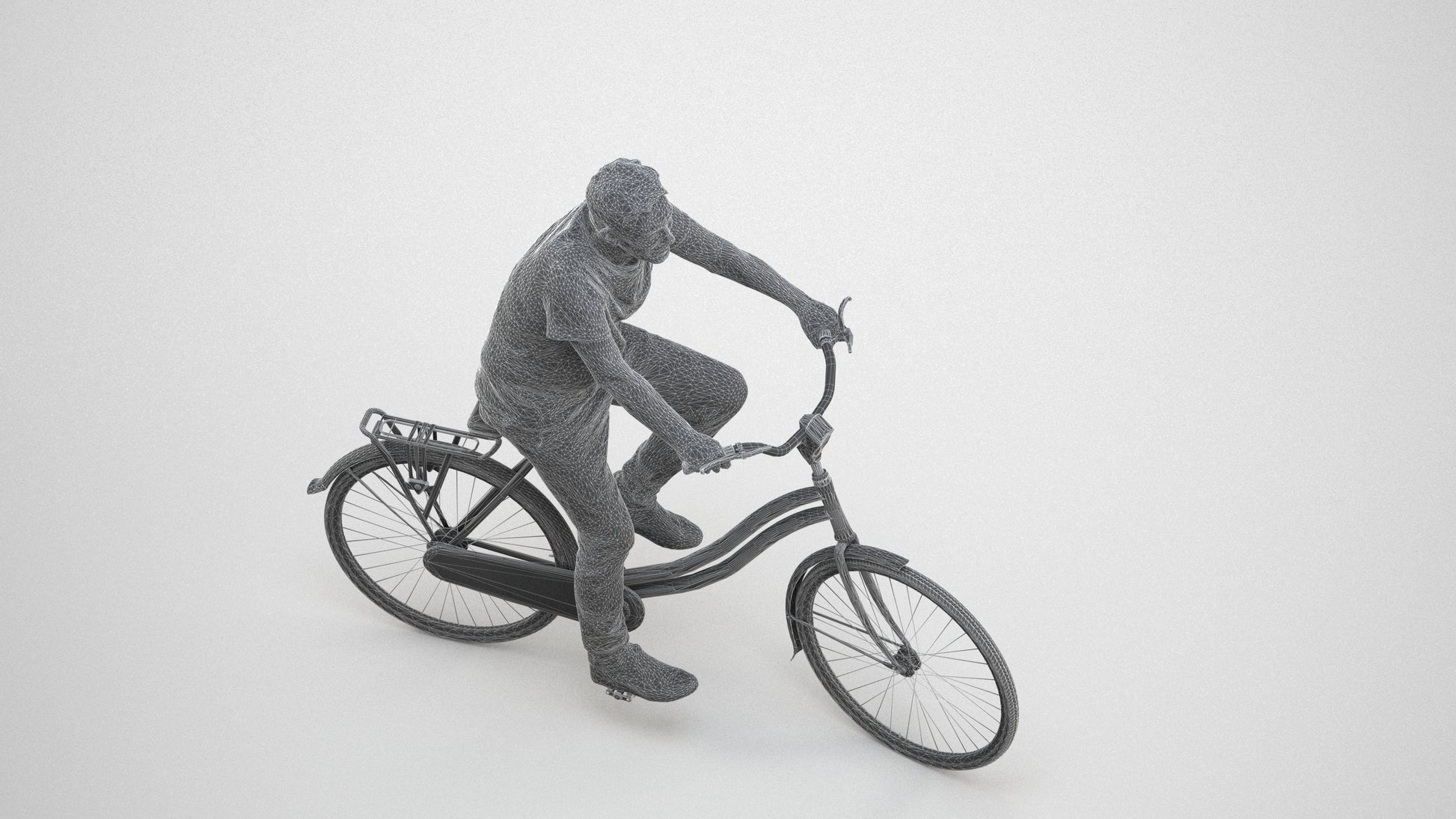 realistic 3D senior man casual cycling, scanned archviz people for Blender and 3ds Max, wireframe three-quarter view