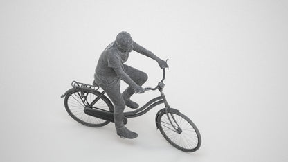realistic 3D senior man casual cycling, scanned archviz people for Blender and 3ds Max, wireframe three-quarter view
