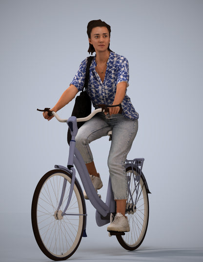 3D human model woman casual cycling, photogrammetry scanned person for archviz