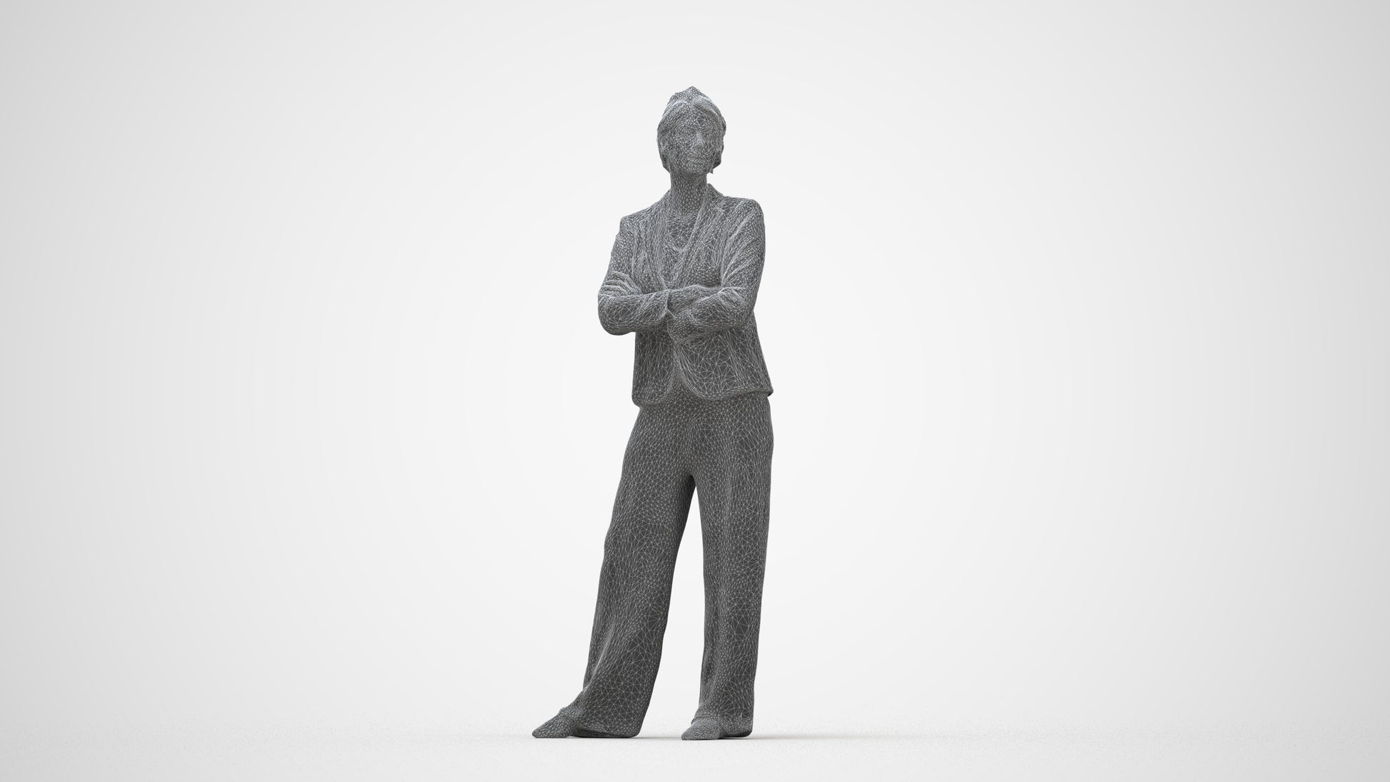 3D human model woman business, photogrammetry scanned person for archviz, wireframe back view