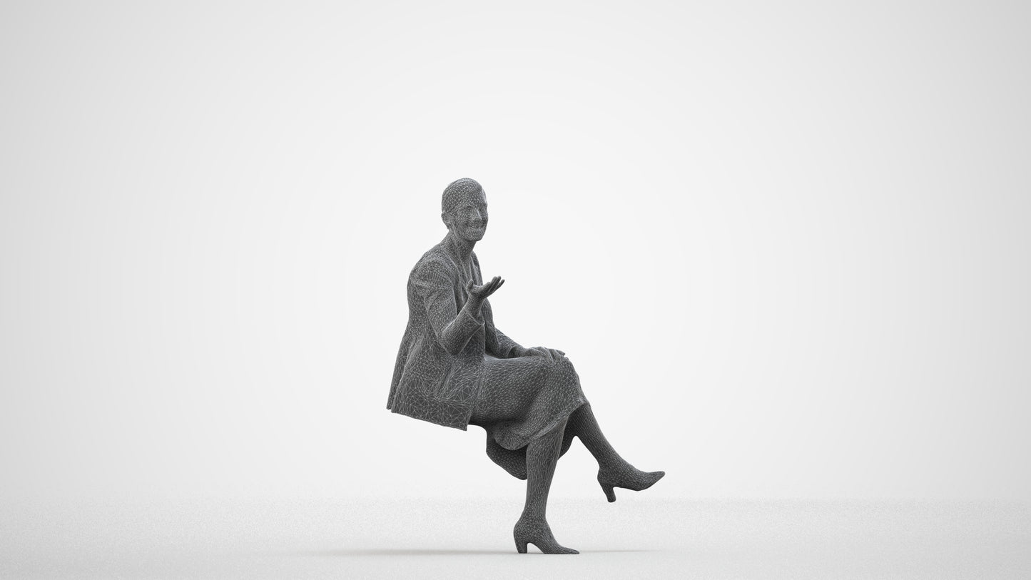 3D human model woman business sitting, photogrammetry scanned person for archviz, wireframe side view