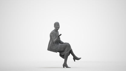 3D human model woman business sitting, photogrammetry scanned person for archviz, wireframe side view
