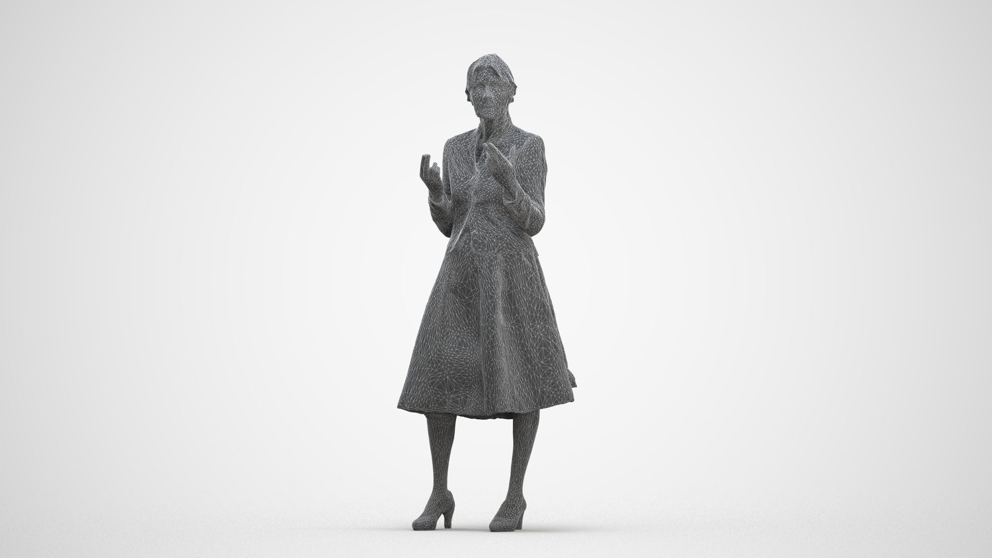 realistic 3D senior woman business standing, scanned archviz people for Blender and 3ds Max, three-quarter front view render