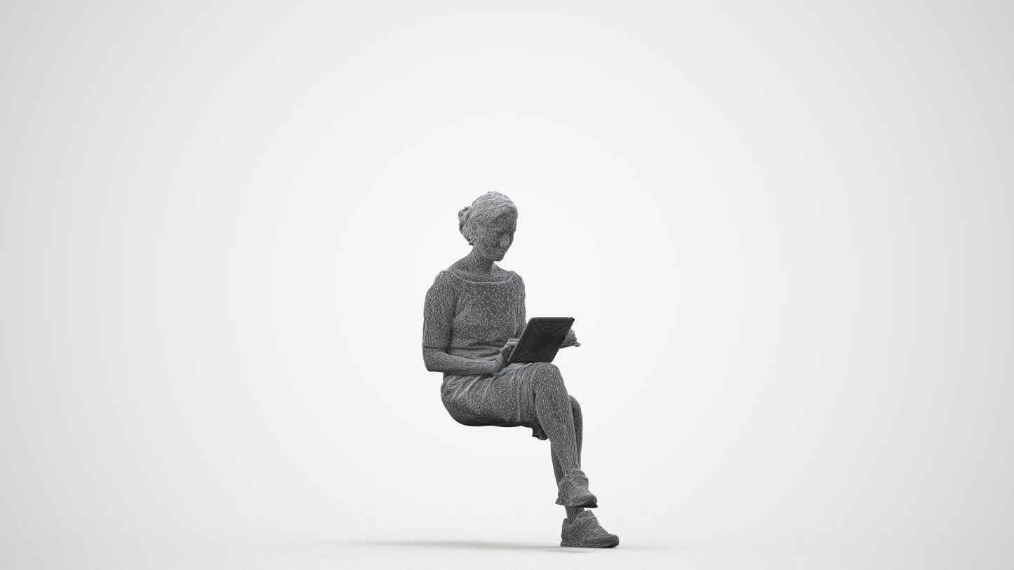 3D people model woman casual sitting, scanned human for 3ds Max rendering, wireframe side view