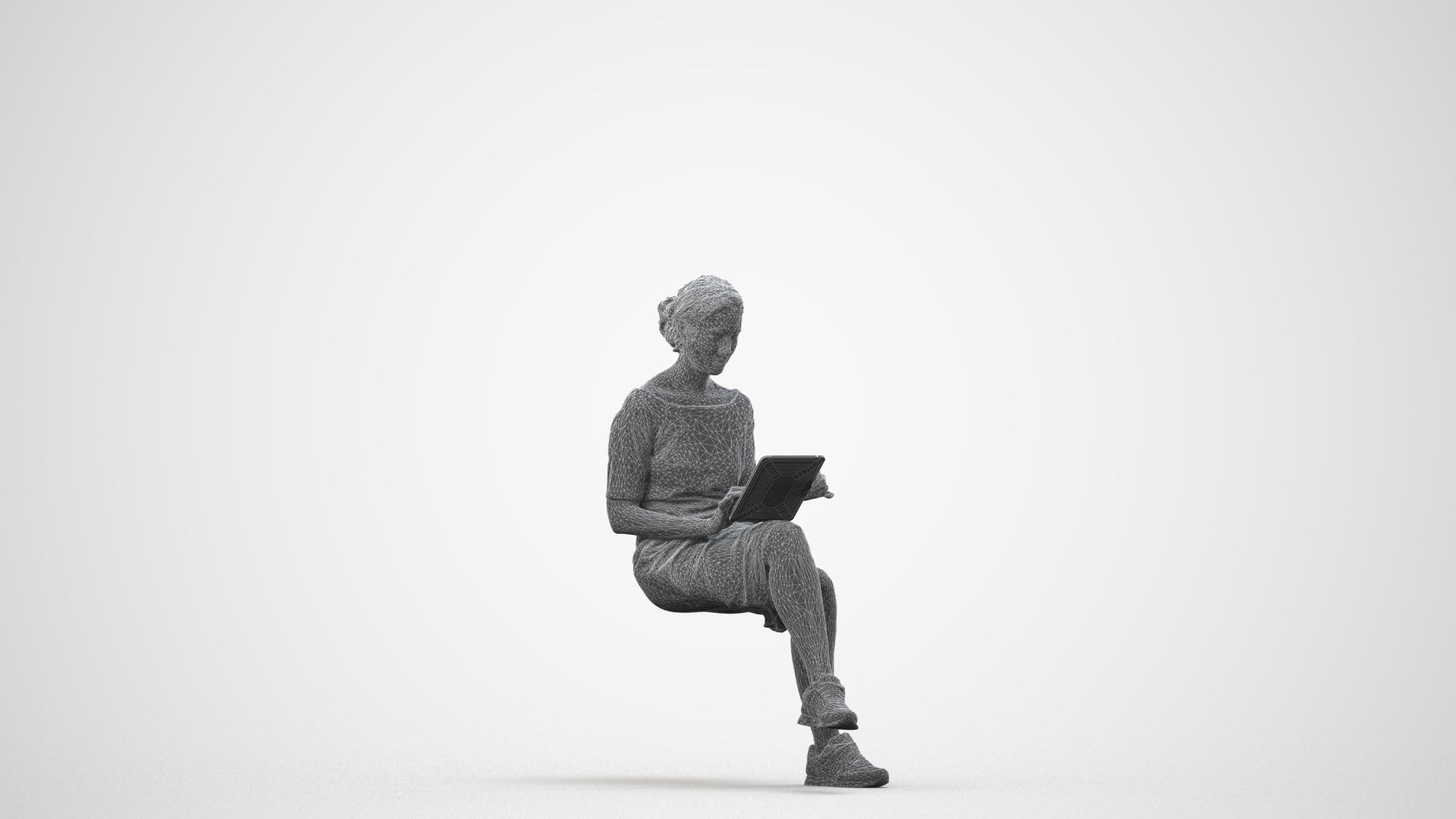3D people model woman casual sitting, scanned human for 3ds Max rendering, wireframe side view