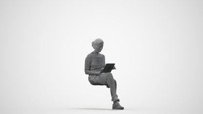 3D people model woman casual sitting, scanned human for 3ds Max rendering, wireframe side view