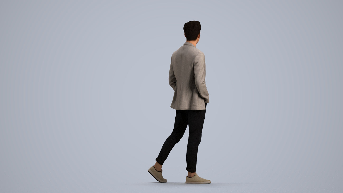 3D scanned man walking business, photorealistic archviz people for Enscape and SketchUp, front view render